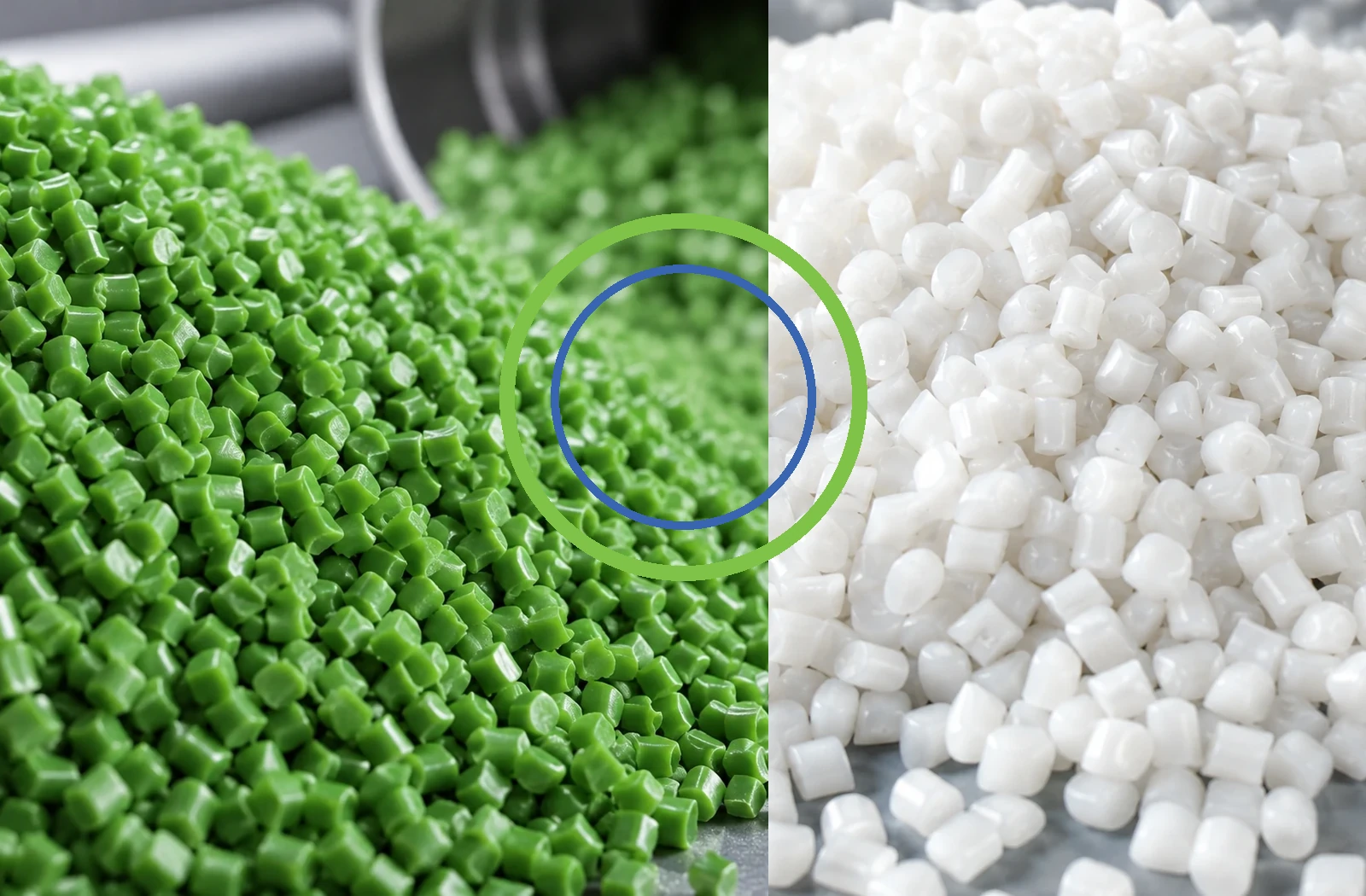 Pellets verdes e brancos representando uso consciente de materiais